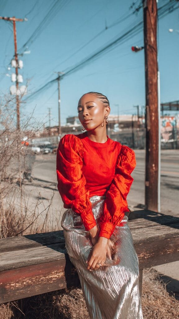 Red Puff Sleeve Top + Metallic Skirt
