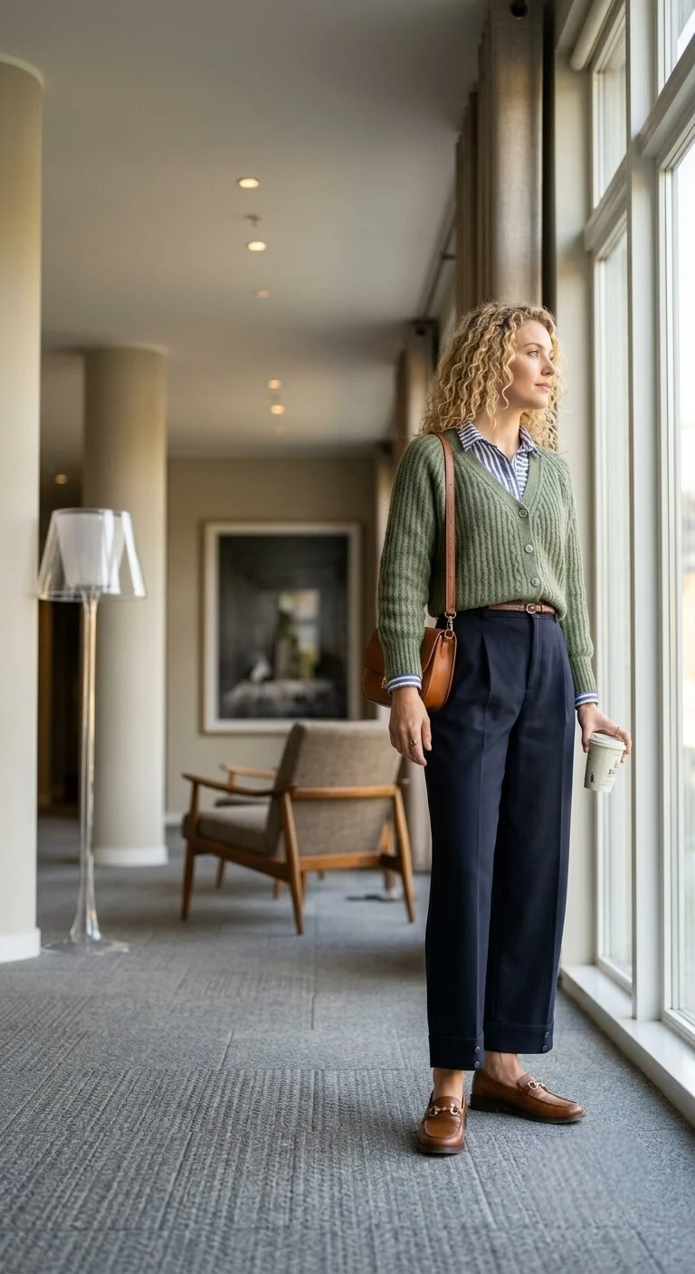 A woman wearing button down shirt , trousers and knit cardigan fall outfit