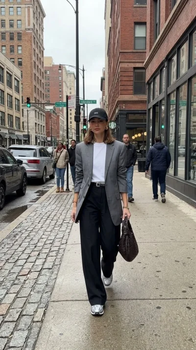 A woman wearing fall outfit a blazer and trousers