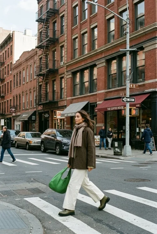 Beige trousers and knit sweater