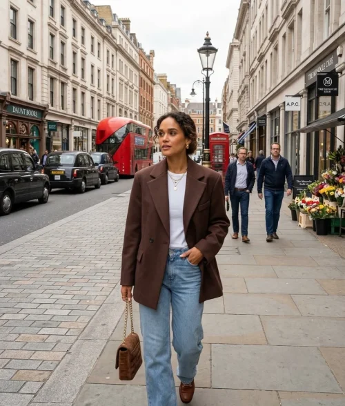 A woman wearing blazer, sweater and trousers fall work outfit
