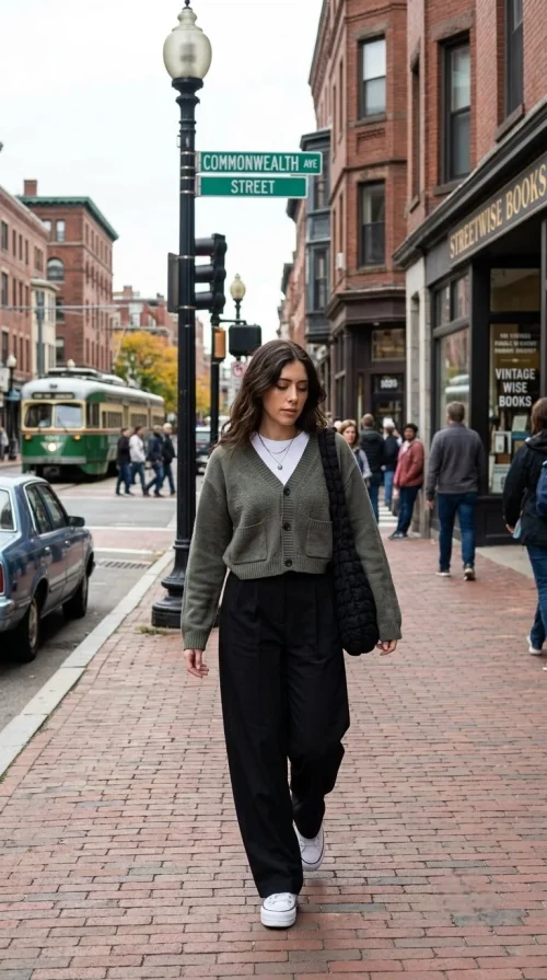 A woman wearing cardigan and black trousers
