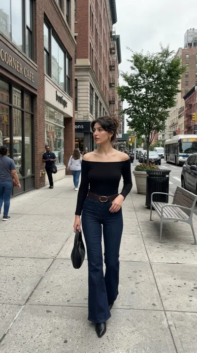 A woman wearing fall work outfit Off shoulder top and a bootcut flared jeans