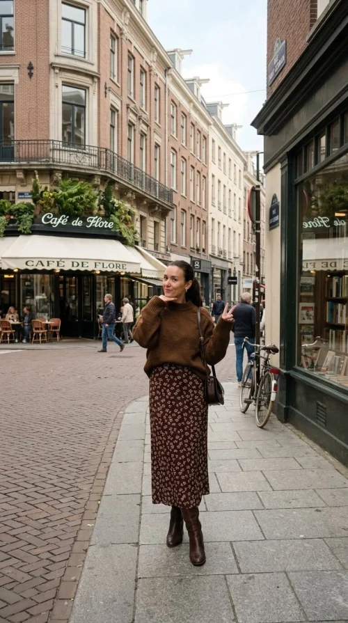 A woman wearing a midi skirt with a fall sweater