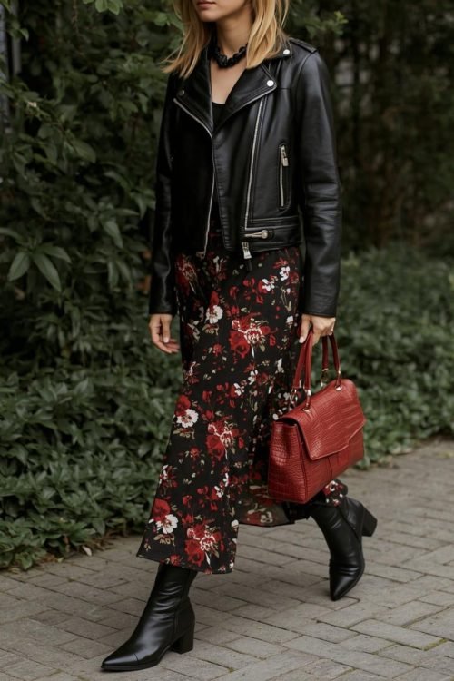 Floral-dress-on-leather-jacket