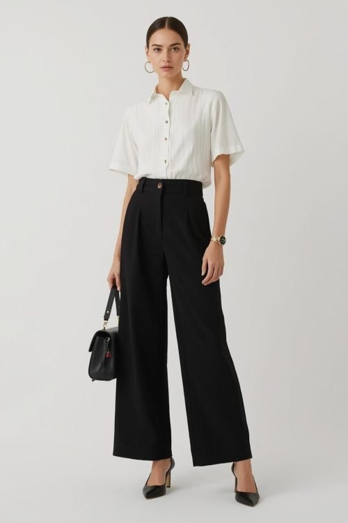 Modern-minimalist-fashion-high-waisted-wide-leg-beige-trousers-with-pleats-and-side-pockets-paired-with-fitted-white-long-sleeve-top-accessorized-with-small-black-handbag-and-pointed-toe-shoes-43