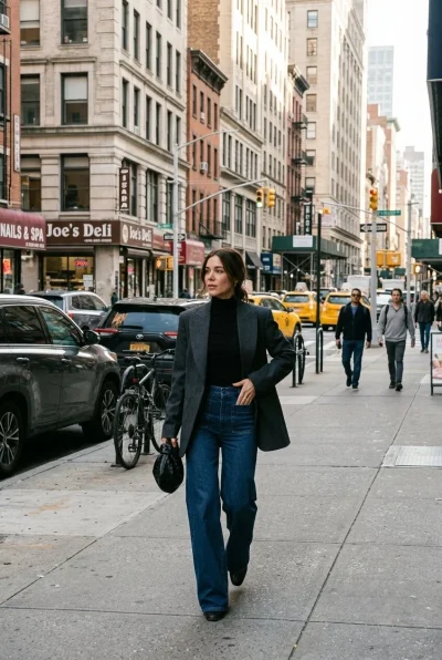 Woman wearing turtleneck blazer fall outfit